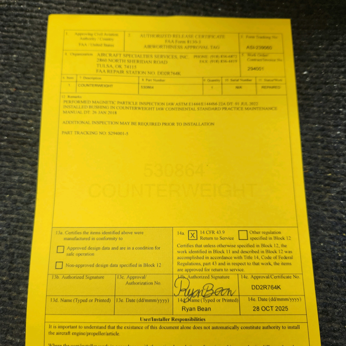 Used aircraft parts for sale, 653382, 580789 Continental O-300D Cessna 172F Crankshaft Assy With Counterweights