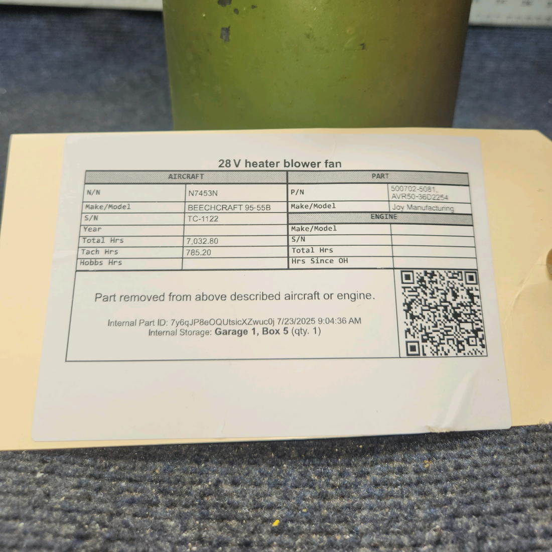 Used aircraft parts for sale, 500702-5081 Joy Manufacturing BEECHCRAFT 95-55B Axivane Heater Fan Motor 28 V