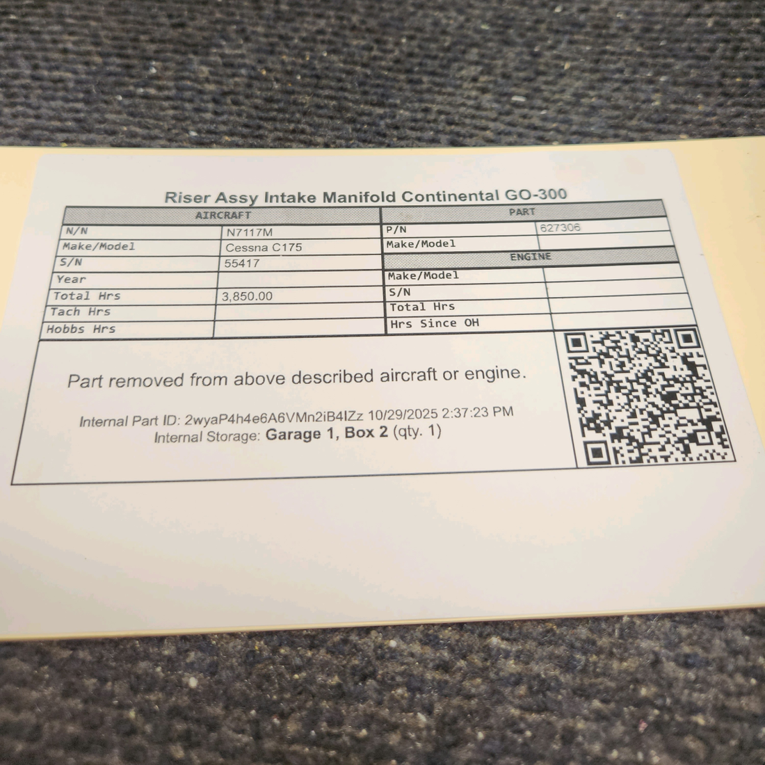 Used aircraft parts for sale, 627306 Continental GO-300 Cessna C175 Intake Manifold Riser Assembly