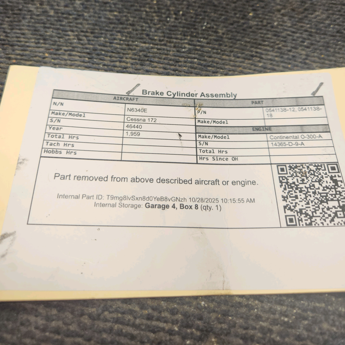 Used aircraft parts for sale, 0541138-12 Cessna 172 Brake Cylinder Assembly - RH