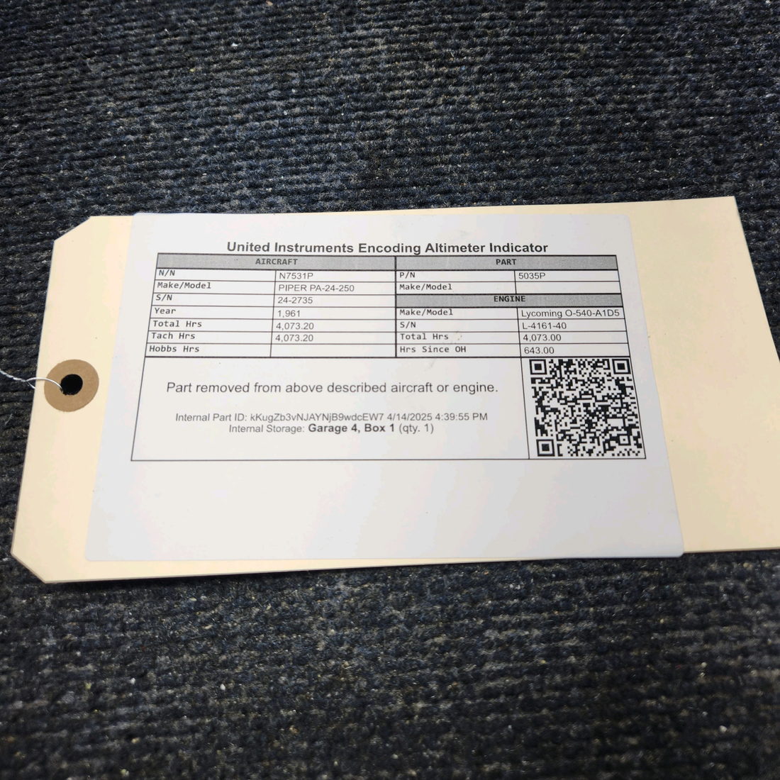 Used aircraft parts for sale, 5035P United Instruments PIPER PA-24-250 Encoding Altimeter Indicator