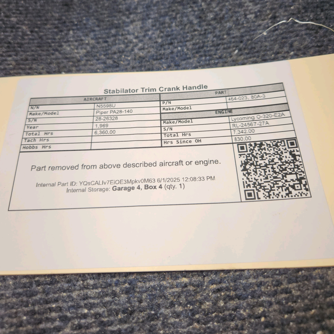 Used aircraft parts for sale, 464-023 Piper PA28-140 Stabilator Trim Crank Handle