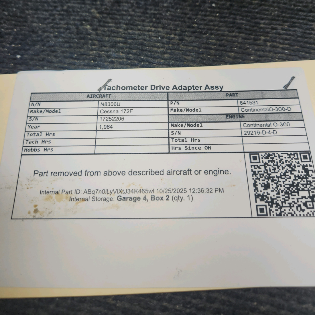 Used aircraft parts for sale, 641531 Continental O-300-D Cessna 172F Tachometer Drive Adapter Assy