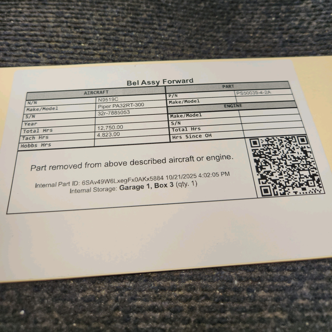 Used aircraft parts for sale, PS50039-4-2A Piper PA32RT-300 Forward Belt Assembly