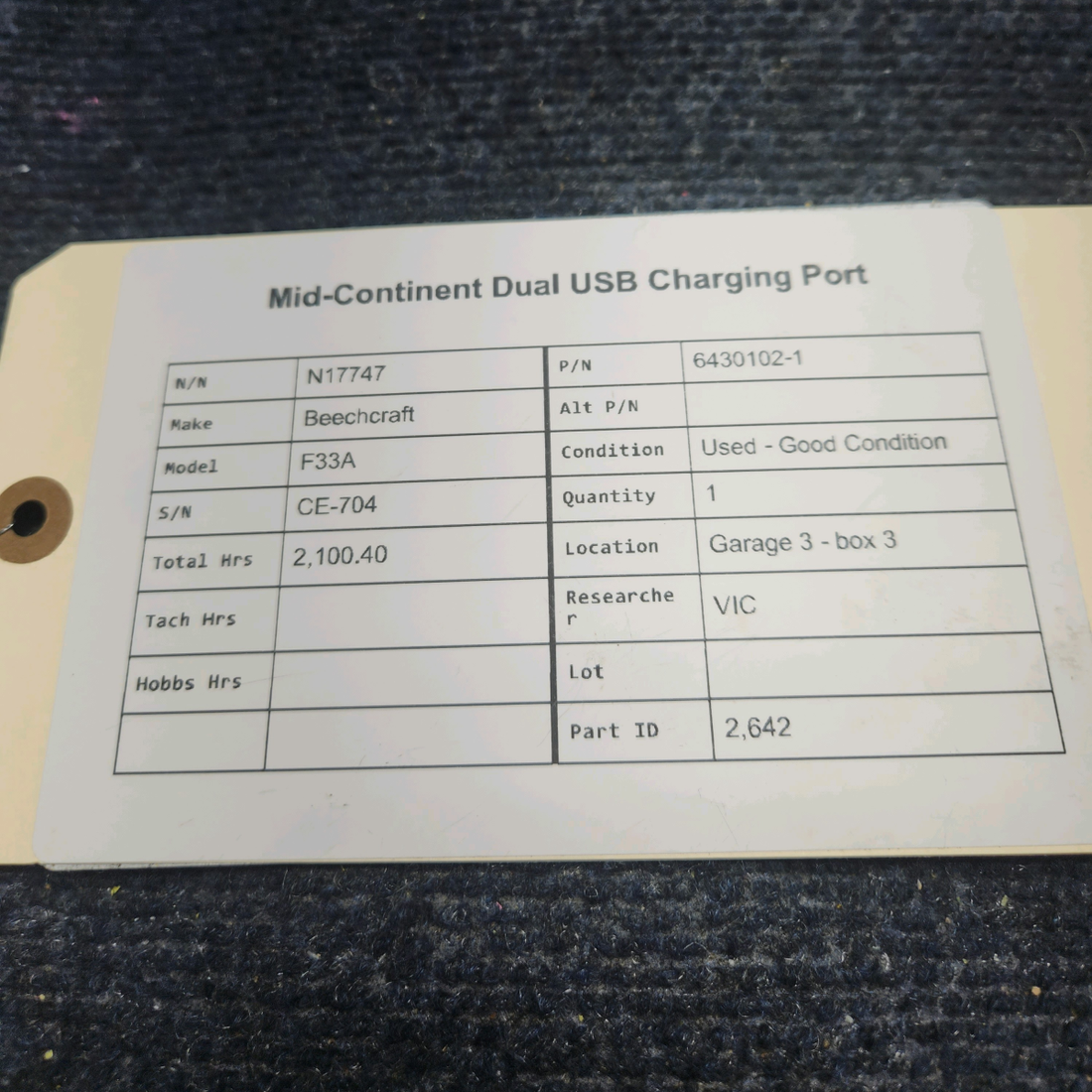 Used aircraft parts for sale, 6430102-1 Mid-Continent Beechcraft F33A DUAL USB CHARGING PORT