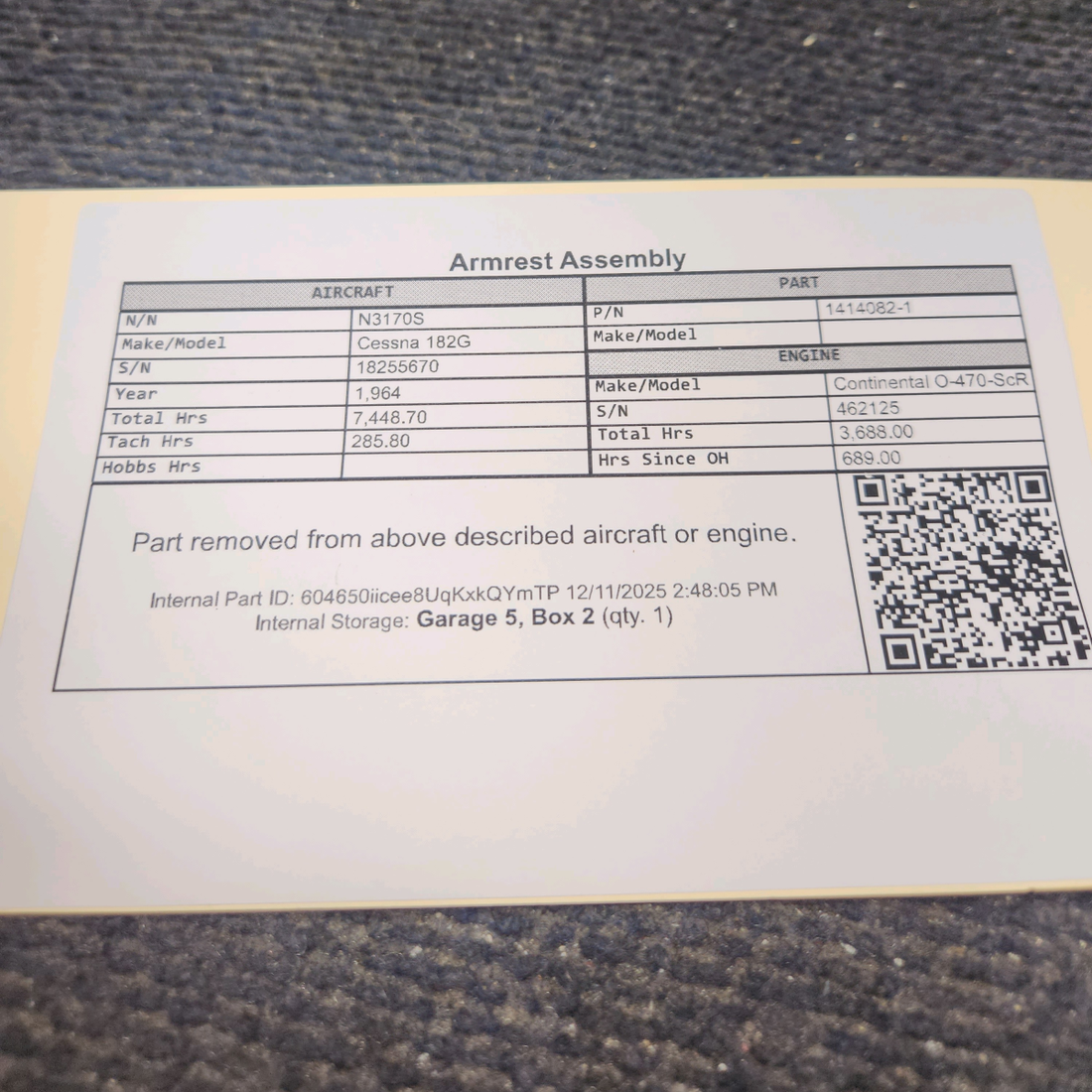 Used aircraft parts for sale, 1414082-1 Cessna 182G Armrest Assembly