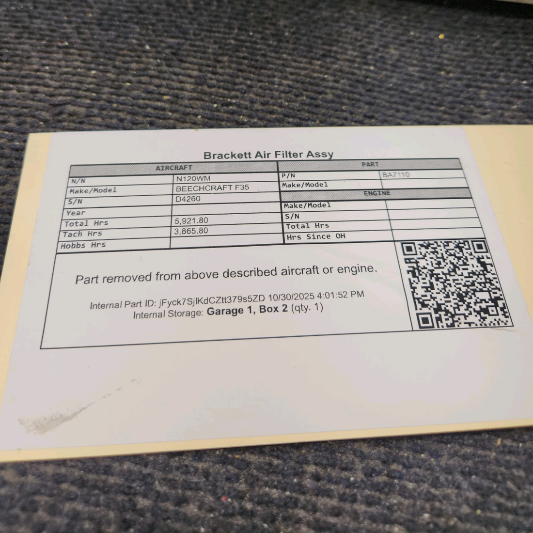 Used aircraft parts for sale, BA7110 BEECHCRAFT F35 Brackett Air Filter Assembly