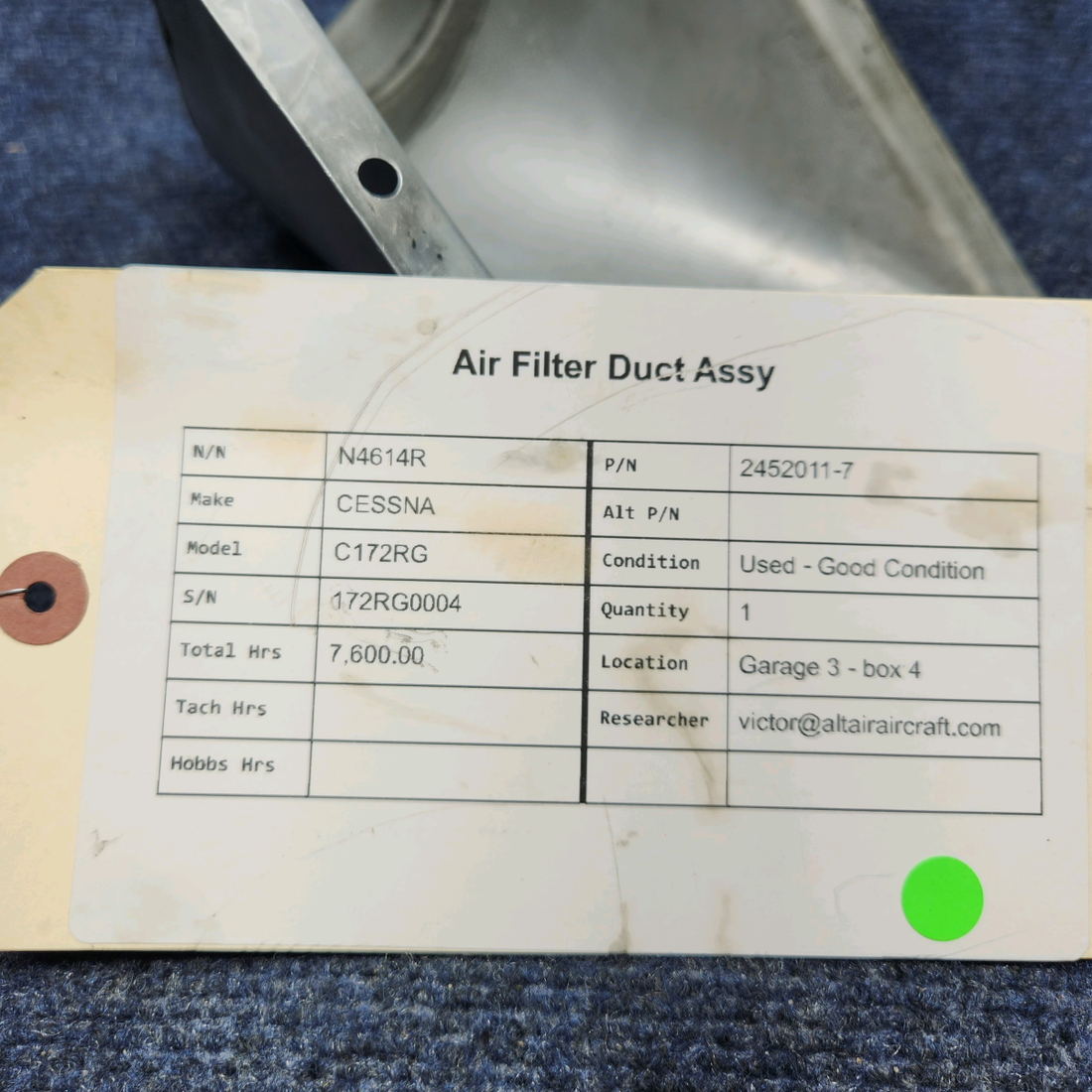 Used aircraft parts for sale, 2452011-7 CESSNA C172RG AIR FILTER DUCT ASSY