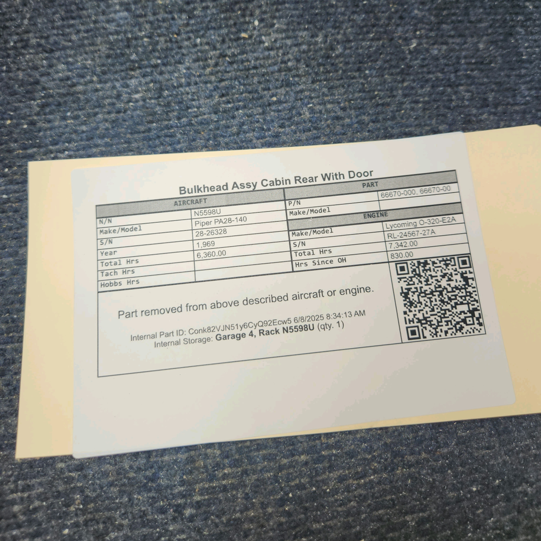 Used aircraft parts for sale, 66670-000 Piper PA28-140 Cabin  Bulkhead Rear Assy With Door