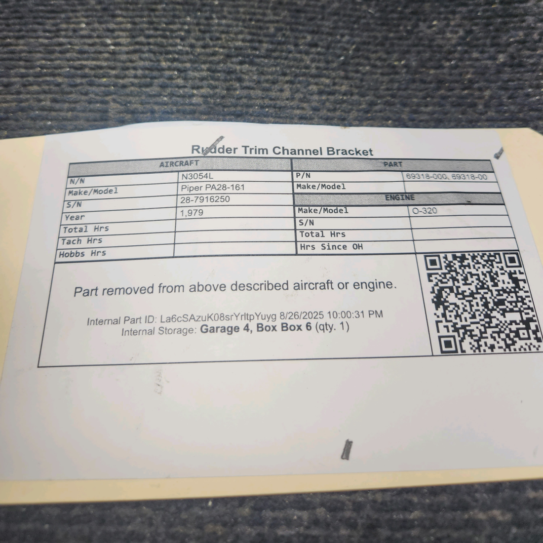 Used aircraft parts for sale, 69318-000 Piper PA28-161 Rudder Trim Channel Bracket