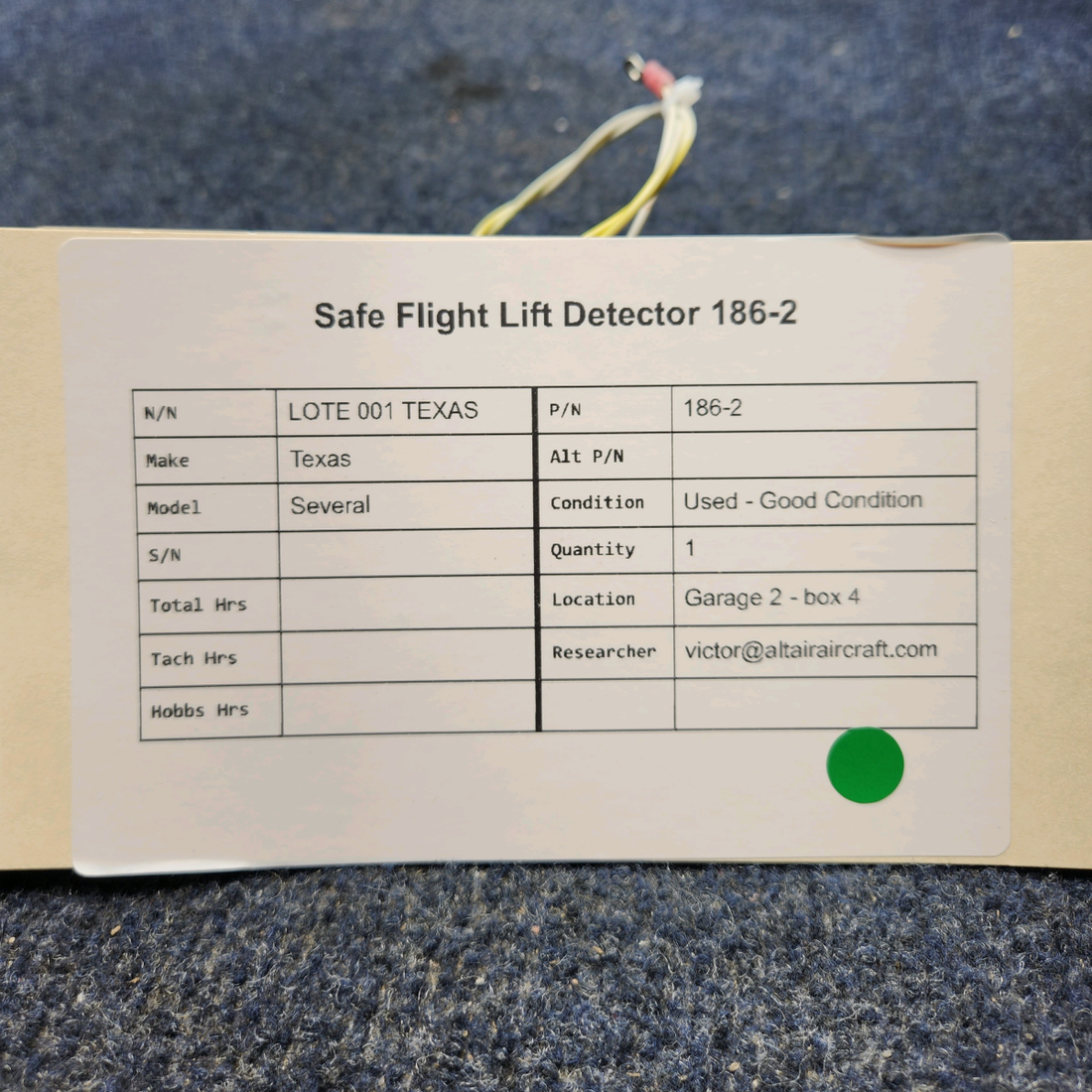 Used aircraft parts for sale, 186-2 Texas Several SAFE FLIGHT LIFT DETECTOR 186-2