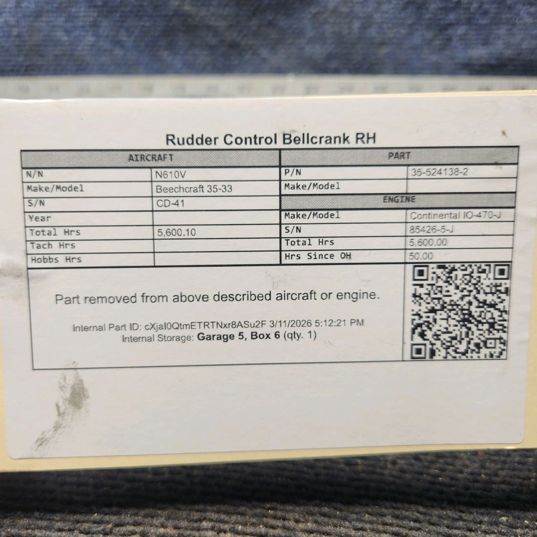 Used aircraft parts for sale, 35-524138-2 Beechcraft 35-33 Rudder Control Bellcrank - RH