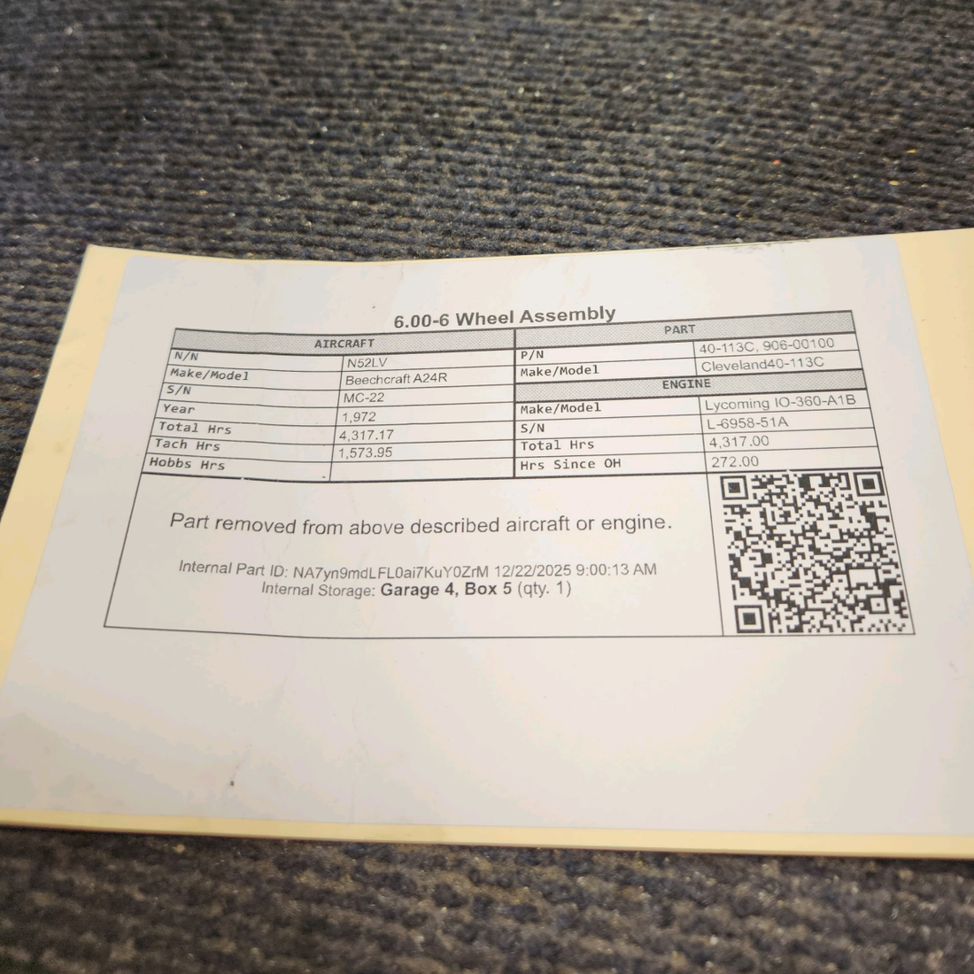 Used aircraft parts for sale, 40-113C Cleveland 40-113C Beechcraft A24R 6.00-6 Wheel Assembly