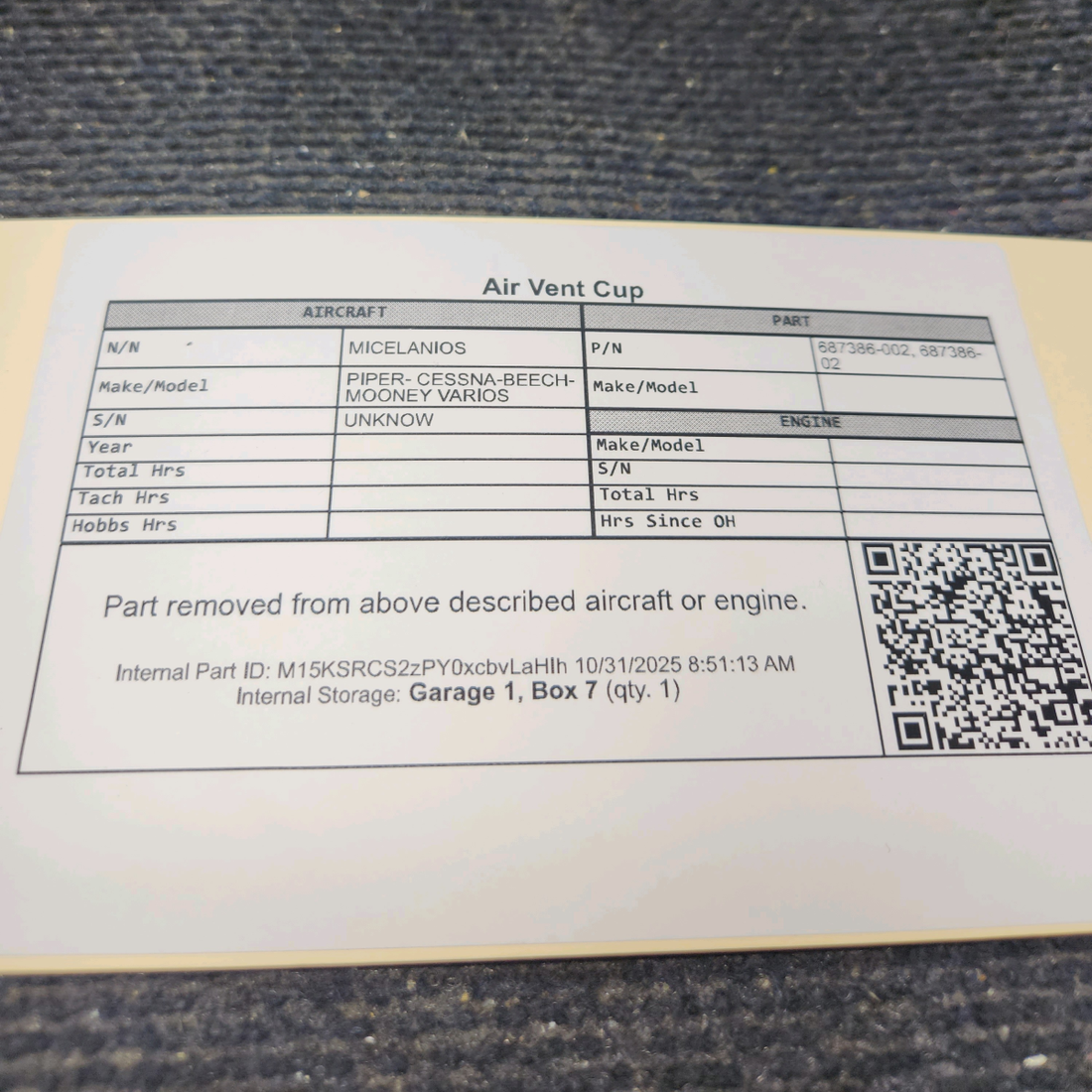 Used aircraft parts for sale, 687386-002 Piper PA28 Air Vent Cup