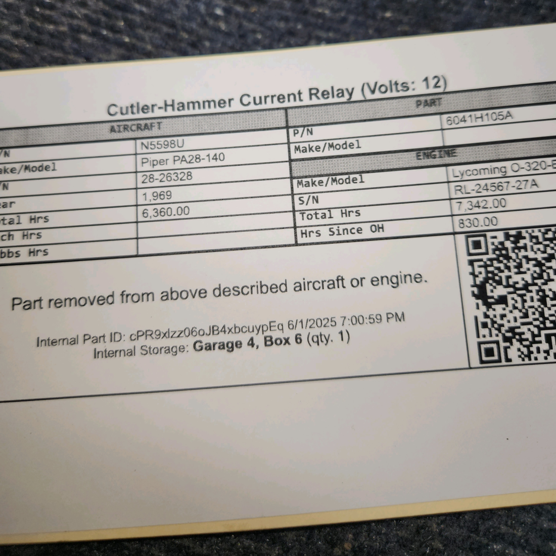 Used aircraft parts for sale, 6041H105A Piper PA28-140 Cutler-Hammer Current Relay (Volts: 12)