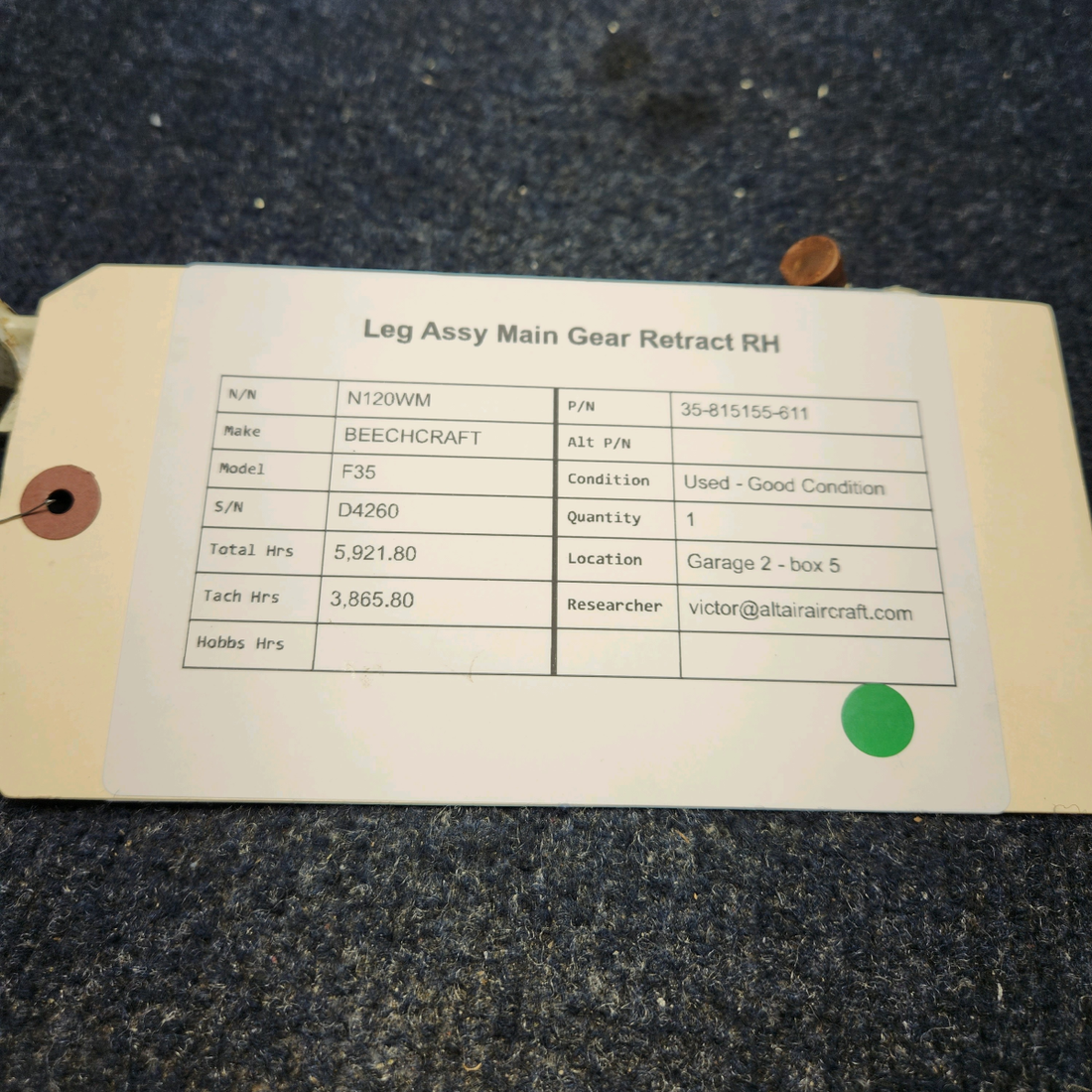 Used aircraft parts for sale, 35-815155-611 BEECHCRAFT F35 LEG ASSY MAIN GEAR RETRACT RH