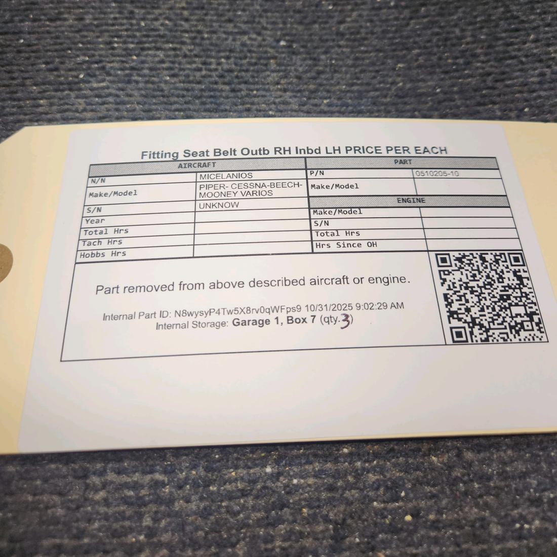 Used aircraft parts for sale, 0510205-10 Seat Belt Fitting – Outboard RH or Inboard LH