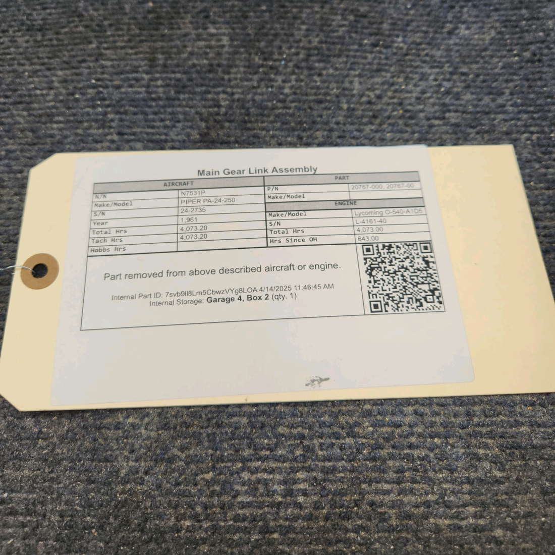 Used aircraft parts for sale, 20767-000 PIPER PA-24-250 Main Gear Link Assembly