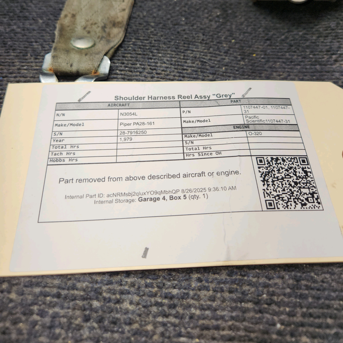 Used aircraft parts for sale, 1107447-01 Pacific Scientific 1107447-31 Piper PA28-161 Shoulder Harness Reel Assy (Grey)