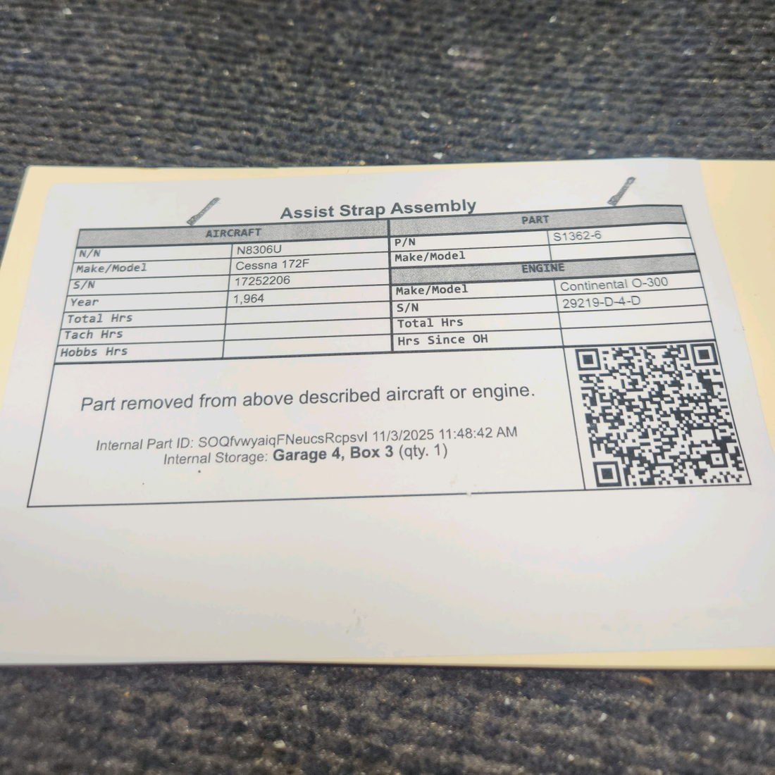 Used aircraft parts for sale, S1362-6 Cessna 172F Assist Strap Assembly