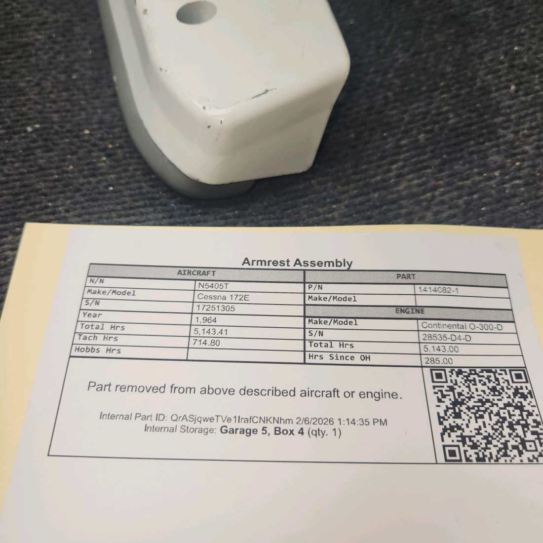 Used aircraft parts for sale, 1414082-1 Cessna 172E Armrest Assembly
