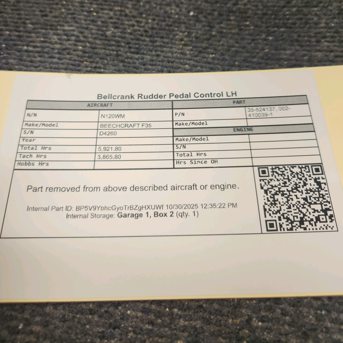 Used aircraft parts for sale, 35-524137 BEECHCRAFT F35 Bellcrank Rudder Pedal Control LH