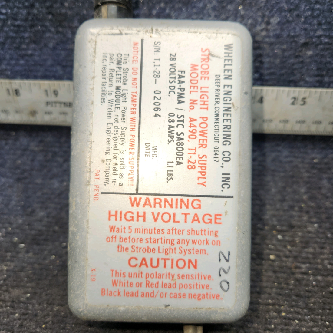 Used aircraft parts for sale, A490,T1-28 Whelen HT-1, 2 Strobe Light Power Supply (28V)