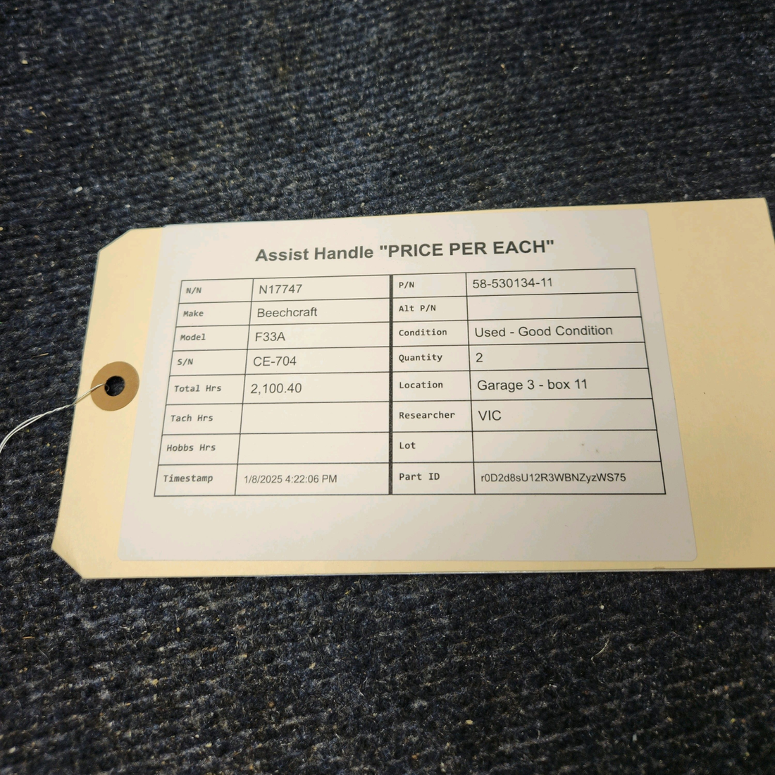 Used aircraft parts for sale, 58-530134-11 Beechcraft F33A ASSIST HANDLE "PRICE PER EACH"