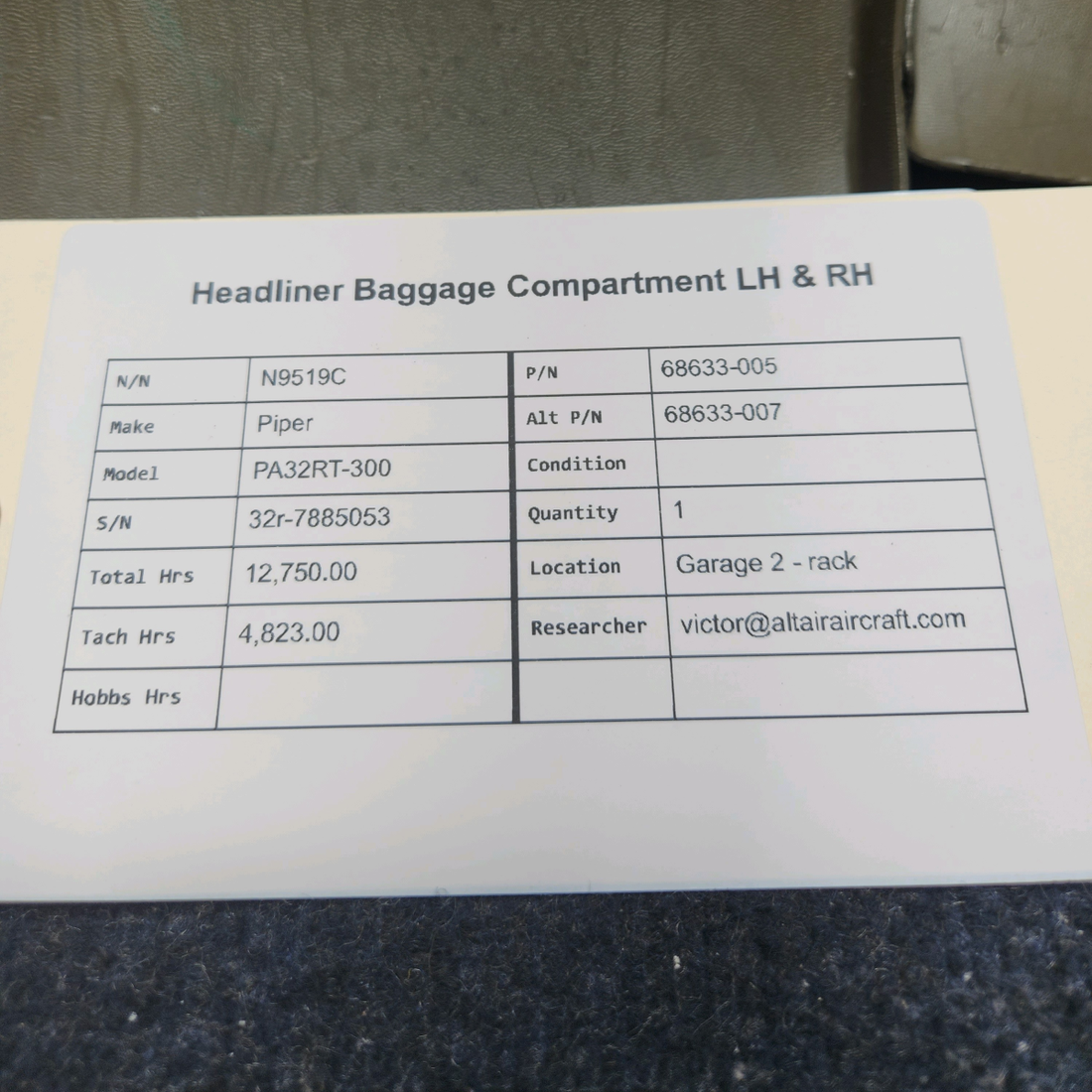 Used aircraft parts for sale, 68633-005 Piper PA32RT-300 HEADLINER BAGGAGE COMPARTMENT LH & RH