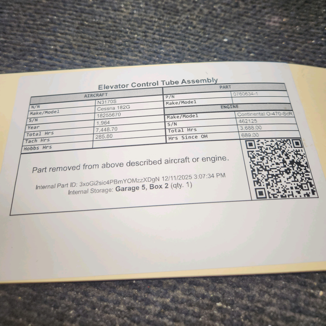 Used aircraft parts for sale, 0760634-1 Cessna 182G Elevator Control Tube Assembly