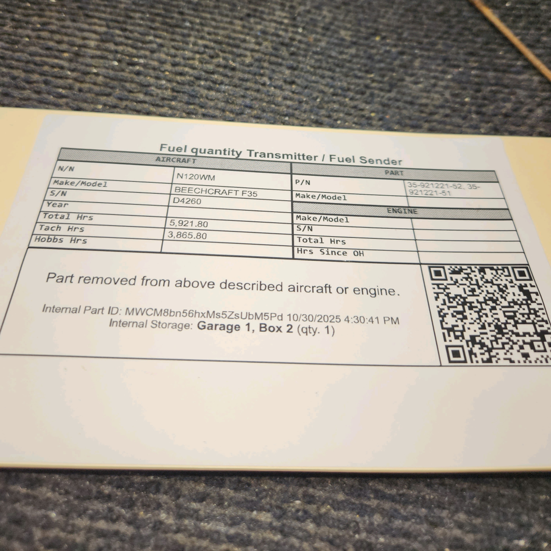 Used aircraft parts for sale, 35-921221-52 BEECHCRAFT F35 Fuel Quantity Transmitter/Fuel Sender