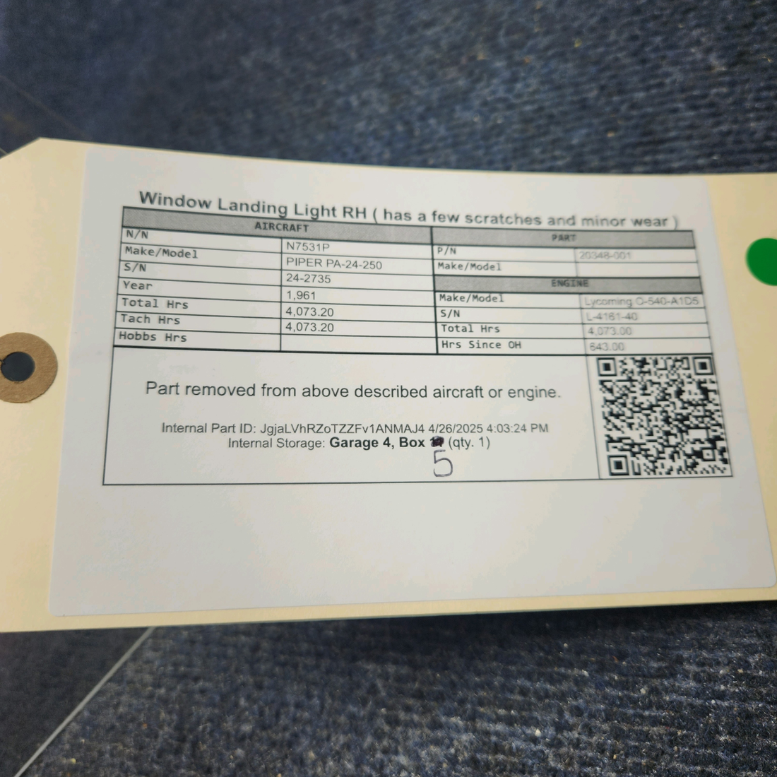 Used aircraft parts for sale, 20348-001 PIPER PA-24-250 Window Landing Light RH ( has a few scratches and minor wear )