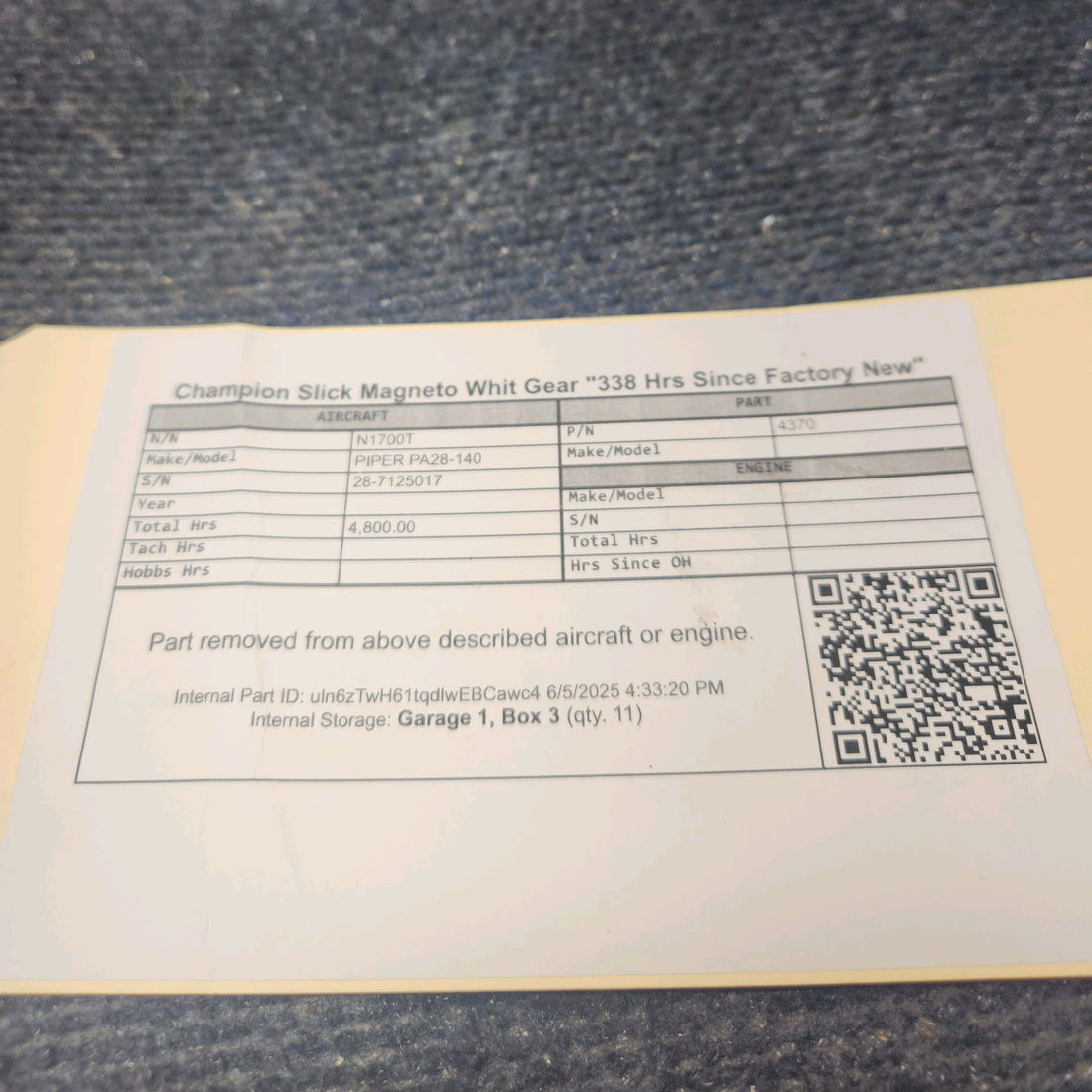 Used aircraft parts for sale, 4370 Lycoming O-320 PIPER PA28-140 Champion Slick Magneto Whit Gear