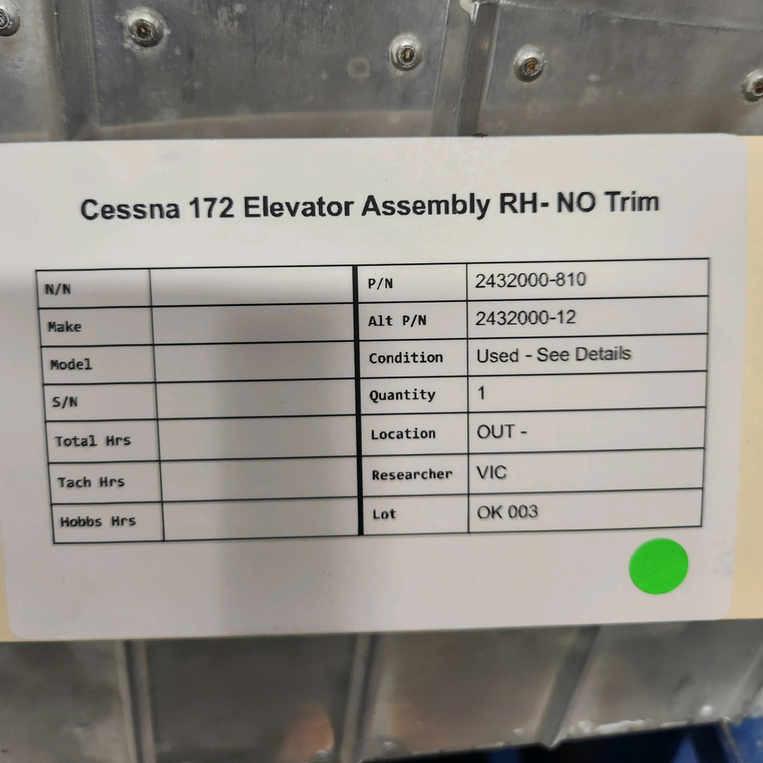Used aircraft parts for sale, 2432000-810 Cessna  [part_model] CESSNA 172 ELEVATOR ASSEMBLY RH- NO TRIM