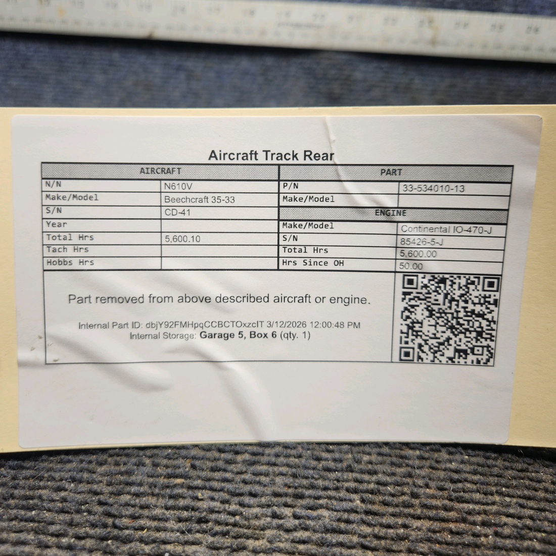 Used aircraft parts for sale, 33-534010-13 Beechcraft 35-33 Rear Track - LH Out