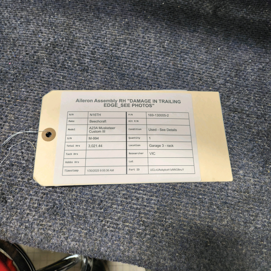 Used aircraft parts for sale, 169-130005-2 Beechcraft A23A Musketeer Custom III AILERON ASSEMBLY RH DAMAGE IN TRAILING EDGE_SEE PHOTOS