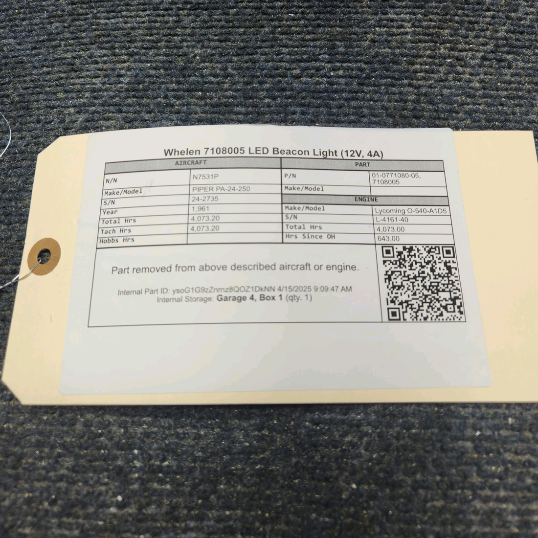 Used aircraft parts for sale, 01-0771080-05 WHELEN PIPER PA-24-250 LED Beacon Light (12V, 4A)