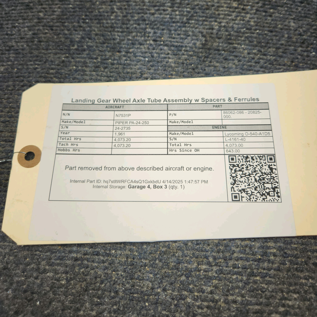 Used aircraft parts for sale, 86062-086 / 20825-000 PIPER PA-24-250 Landing Gear Wheel Axle Tube Assembly w Spacers & Ferrules