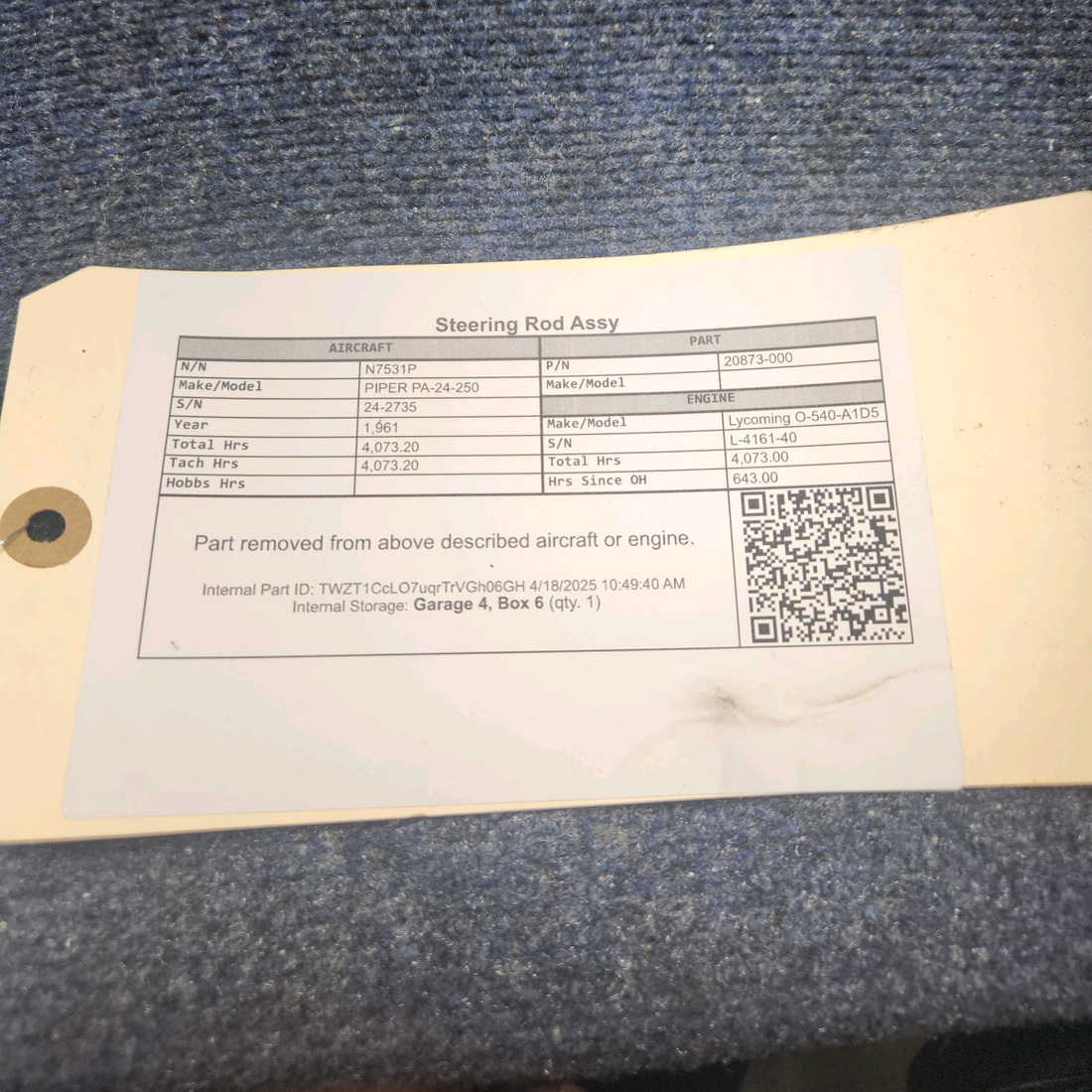 Used aircraft parts for sale, 20873-000 PIPER PA-24-250 Steering Rod Assy