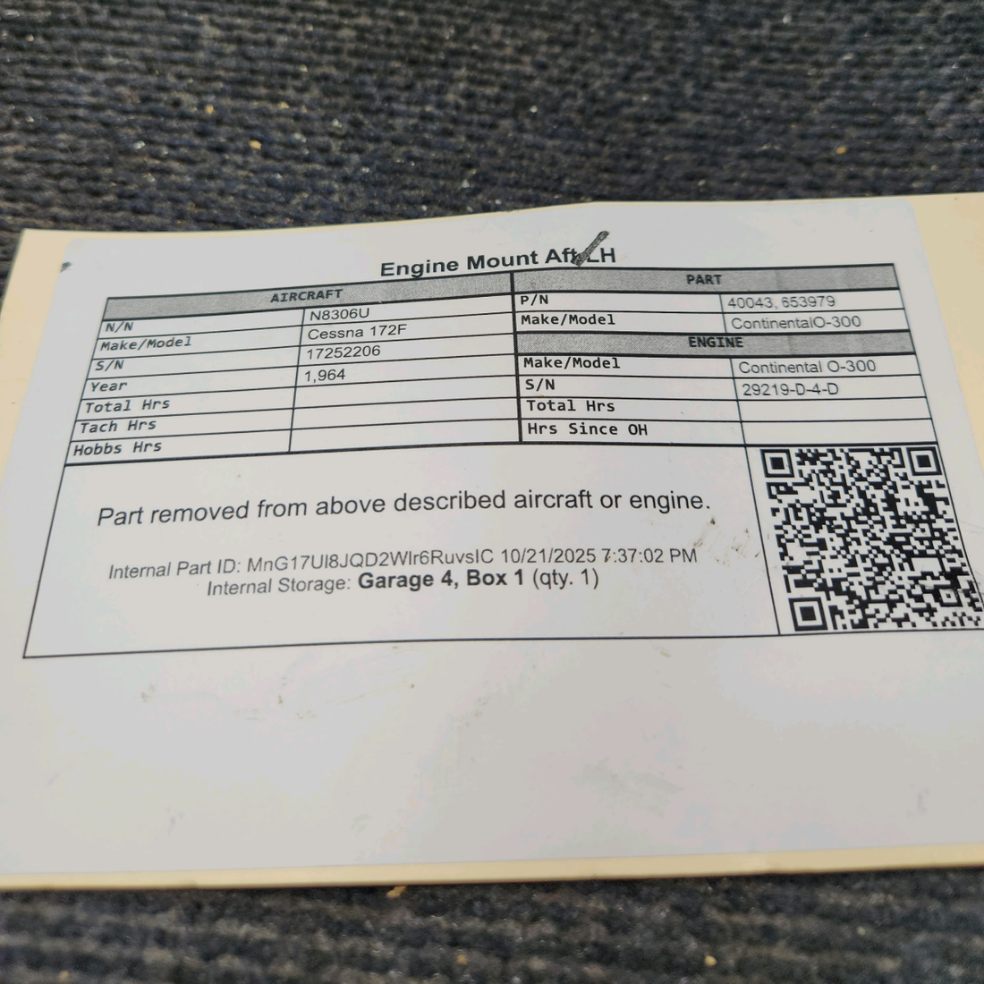 Used aircraft parts for sale, 40043 Continental O-300-D Cessna 172F Engine Mount Aft LH