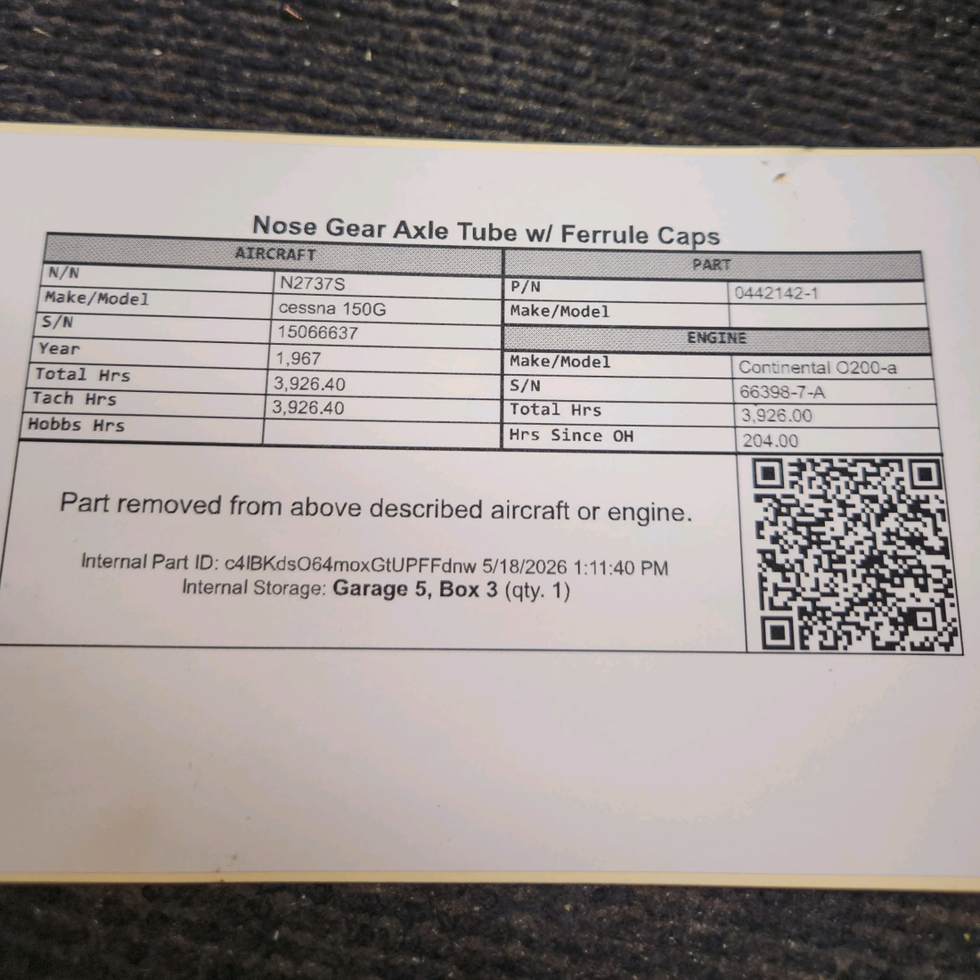 Used aircraft parts for sale, 0442142-1 cessna 150G Nose Gear Axle Tube with Ferrule Caps