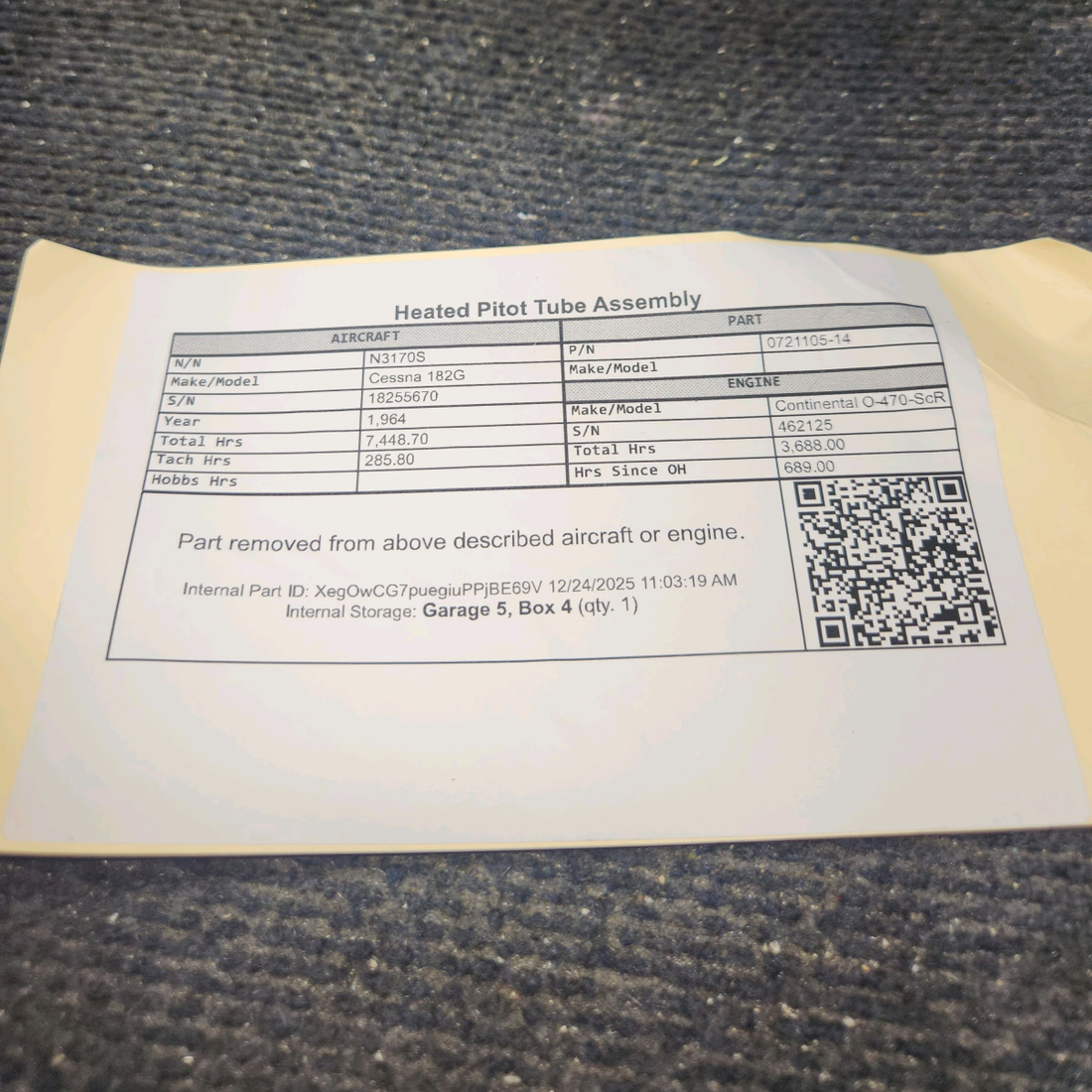 Used aircraft parts for sale, 0721105-14 Cessna 182G Heated Pitot Tube Assembly