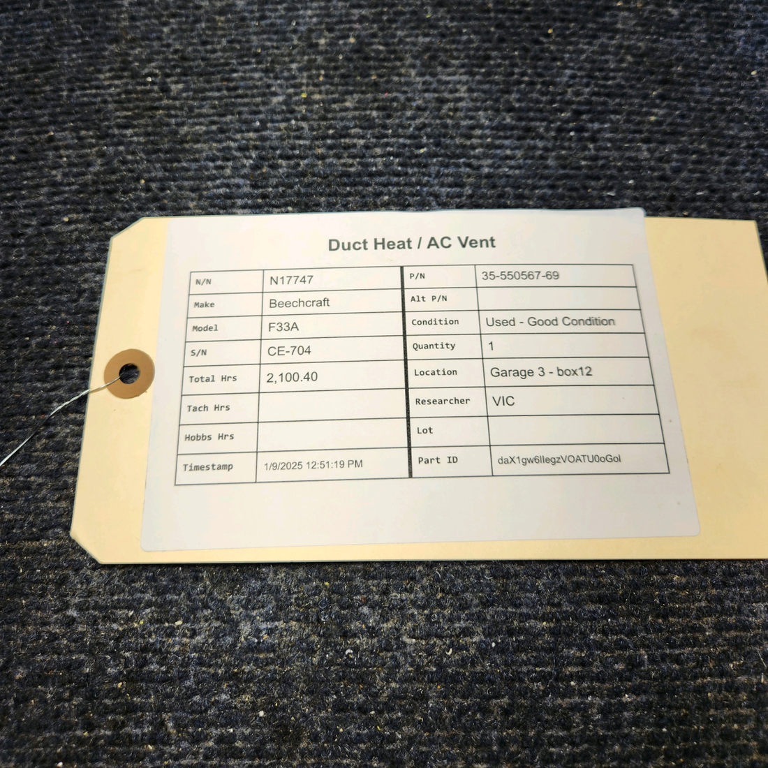 Used aircraft parts for sale, 35-550567-69 Beechcraft F33A DUCT HEAT / AC VENT