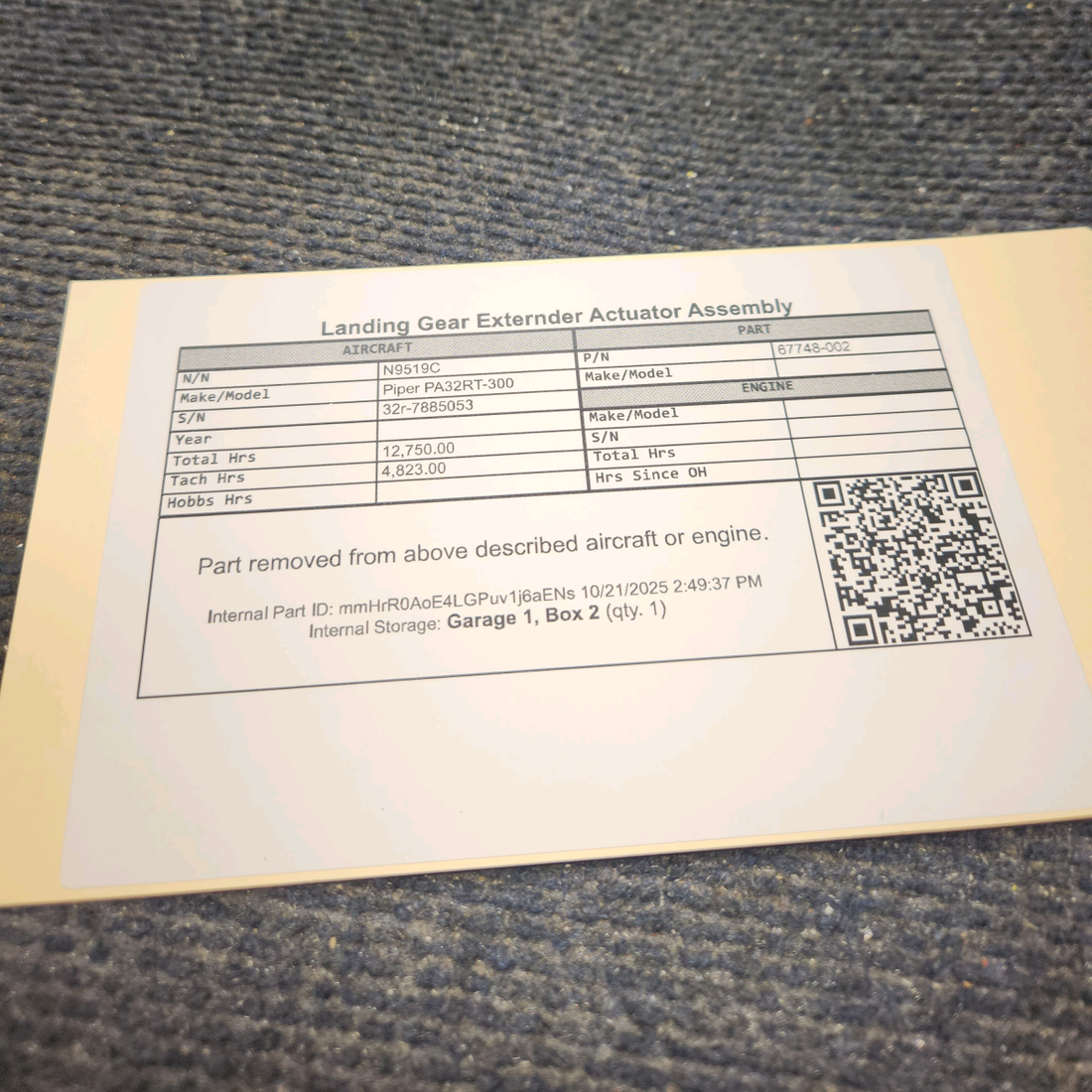 Used aircraft parts for sale, 67748-002 Piper PA32RT-300 Backup Gear Extender Actuator Assy