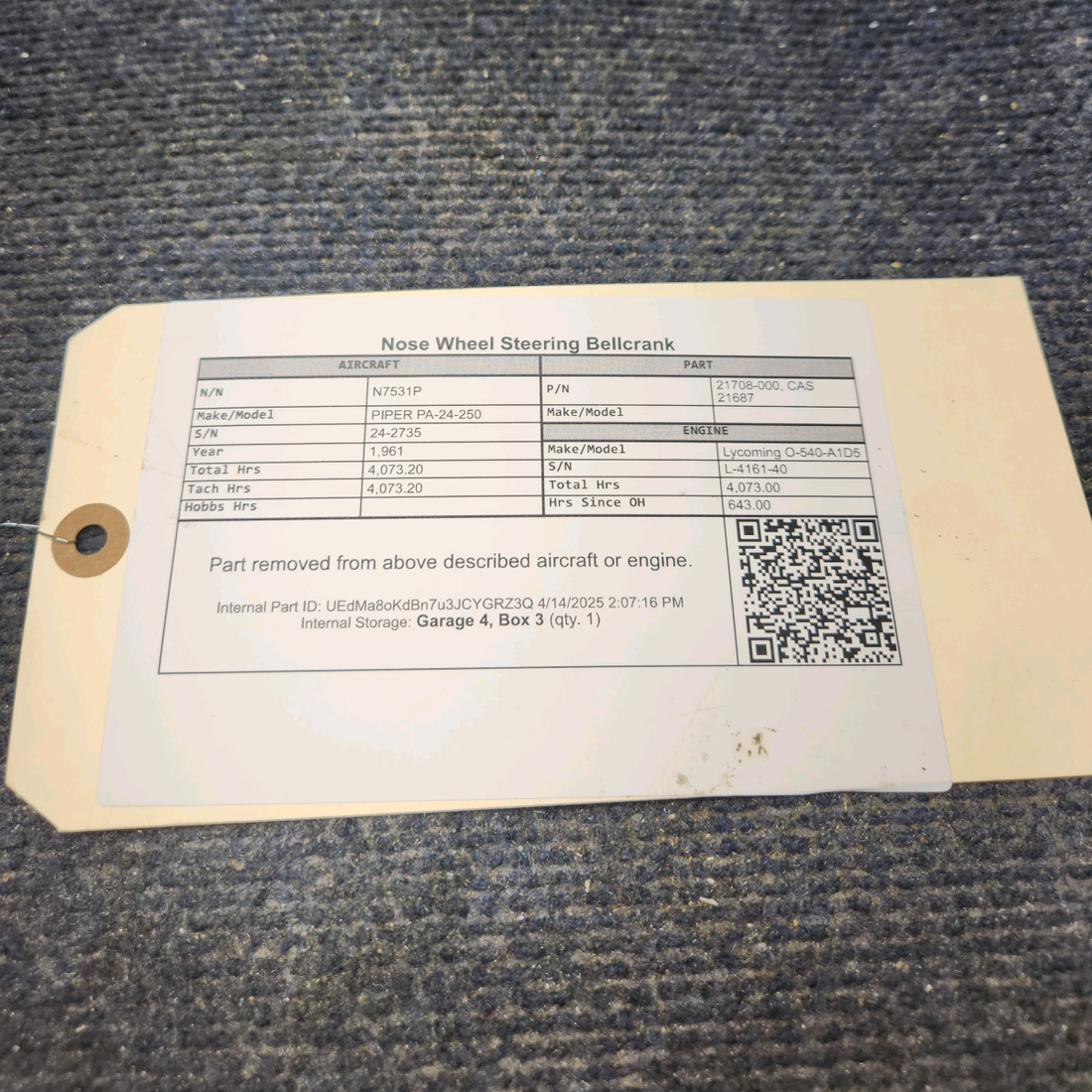 Used aircraft parts for sale, 21708-000 PIPER PA-24-250 Nose Wheel Steering Bellcrank