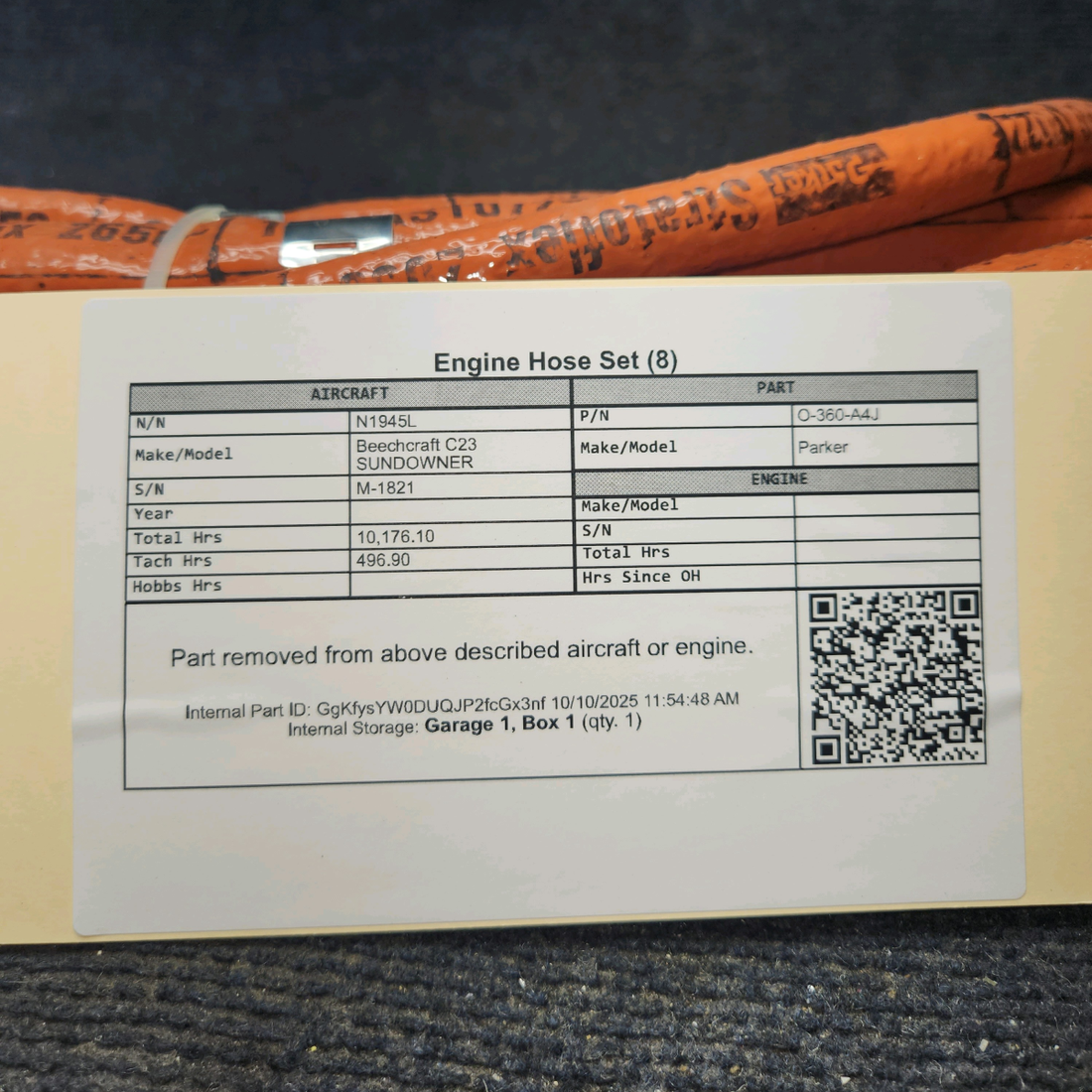 Used aircraft parts for sale, O-360-A4J Parker Beechcraft C23 SUNDOWNER Engine Hose Set of 8