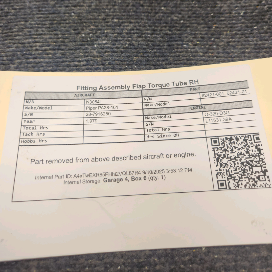 Used aircraft parts for sale, 62421-001 Piper PA28-161 Fitting Assembly  Flap Torque Tube - RH