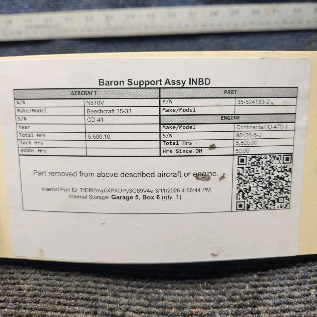 Used aircraft parts for sale, 35-524183-2 Beechcraft 35-33 Baron Support Assy INBD