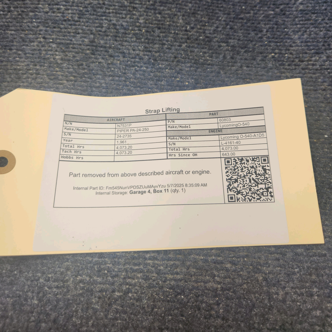 Used aircraft parts for sale, 60803 Lycoming O-540 PIPER PA-24-250 Strap Lifting