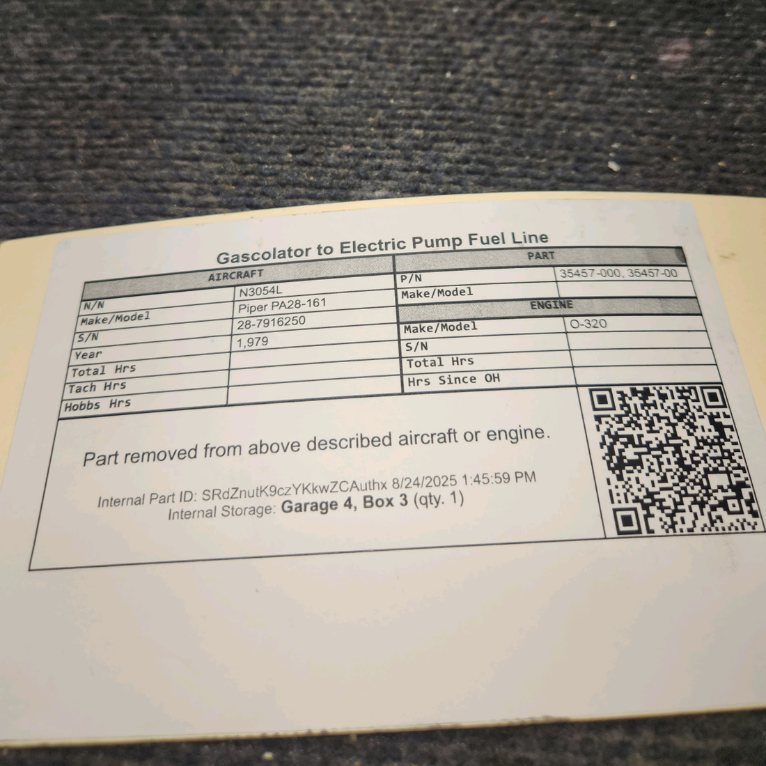 Used aircraft parts for sale, 35457-000 Piper PA28-161 Gascolator to Electric Pump Fuel Line